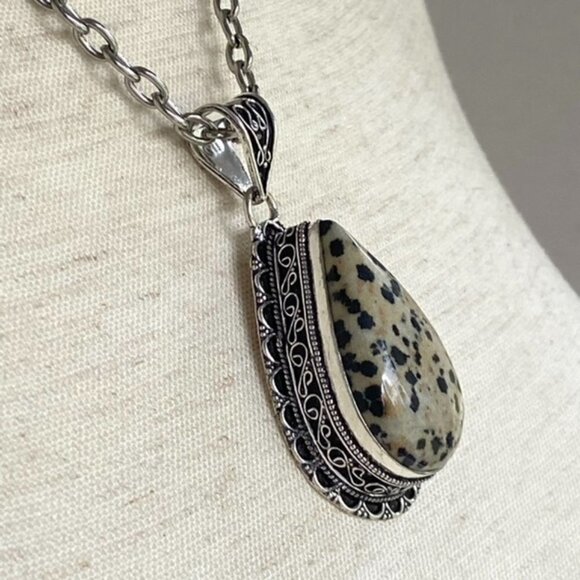 Artisan Silver Plated Bezel Set 2.46" Teardrop Dalmatian Jasper Pendant Necklace - Picture 2 of 16